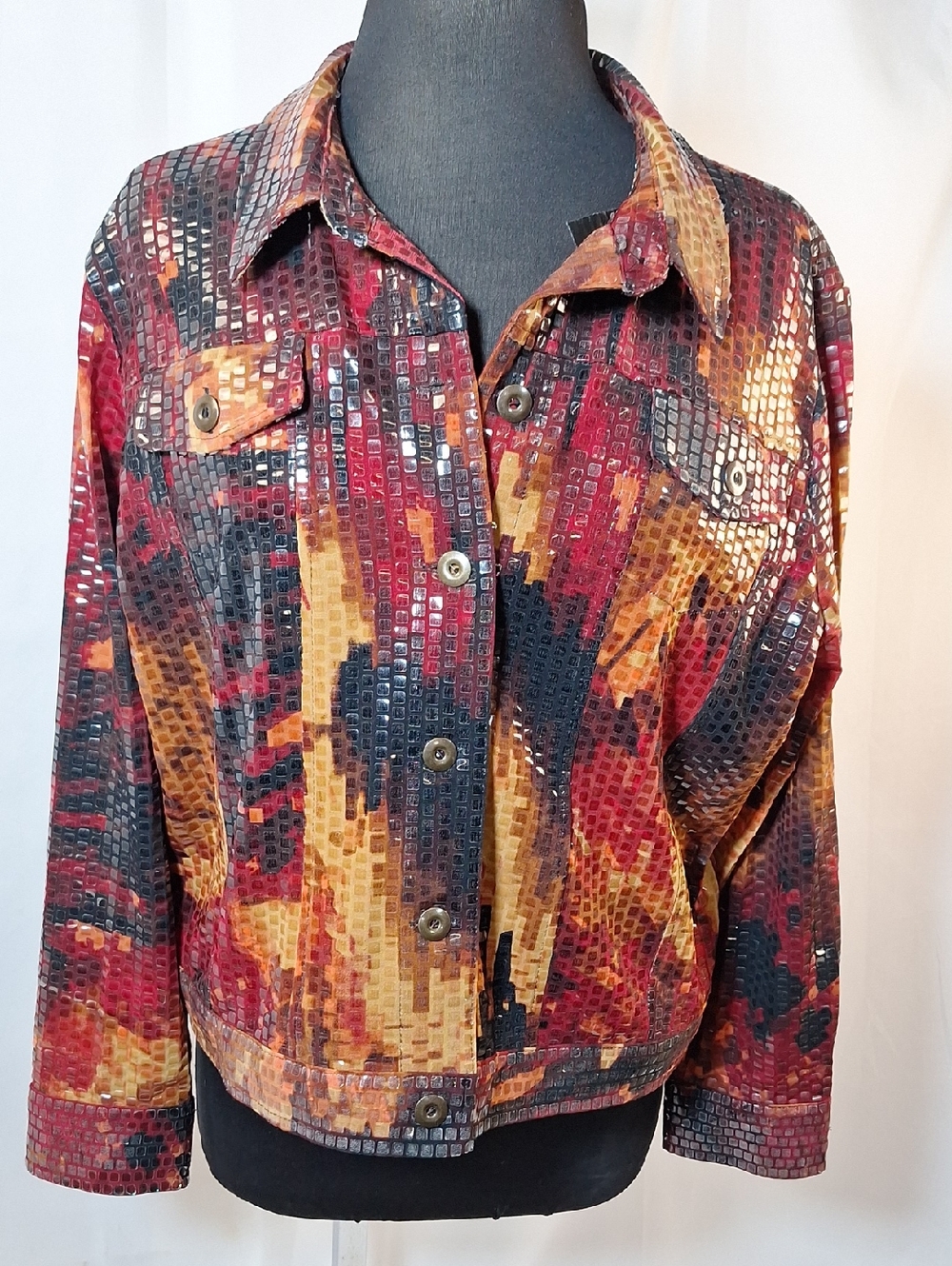 Notations Mosaic Print Button-Front Top in Red, Orange, Black L